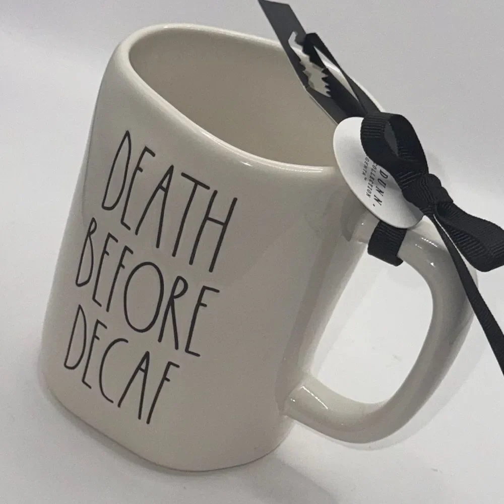 Rae Dunn White Ceramic Mug - Death Before Decaf